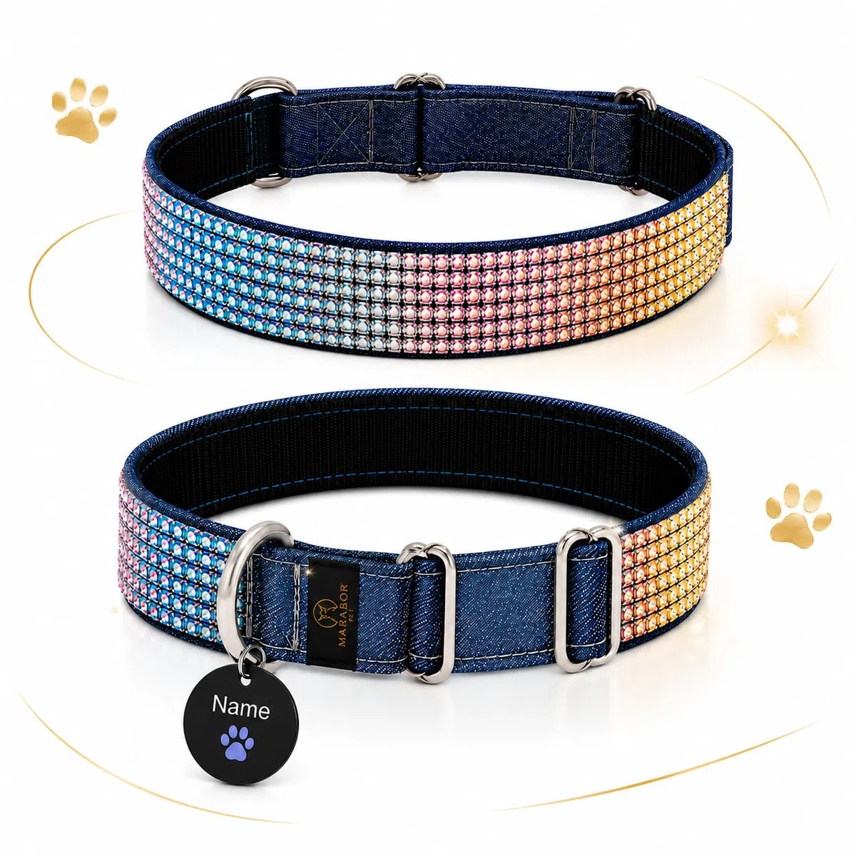 Collar para perro con etiqueta de nombre personalizada, hecho a mano en Austria, piezas de metal reforzado y diseño vaquero, para perros pequeños y grandes (M, cristal arcoíris)