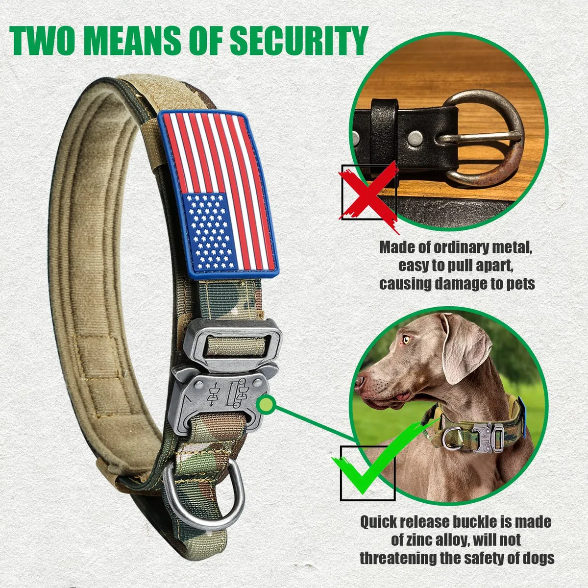 Collar táctico para perro, collar militar de nailon ajustable, hebilla de metal resistente con asa para entrenamiento de perros, con parches (M, camuflaje)