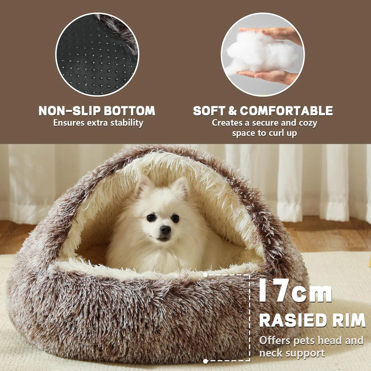Cama tipo cueva para perros, cama lavable para perros pequeños y medianos con parte inferior antideslizante, marrón degradado, 70 cm