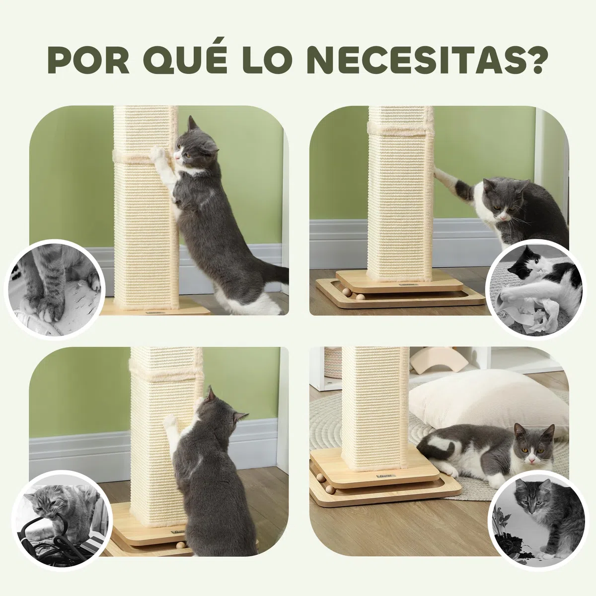 PawHut Poste Rascador para Gatos 87 cm con Bola Colgante y Sisal Roble | Rascador para Gatos, Arañador, Juguete de Pelota de Pista