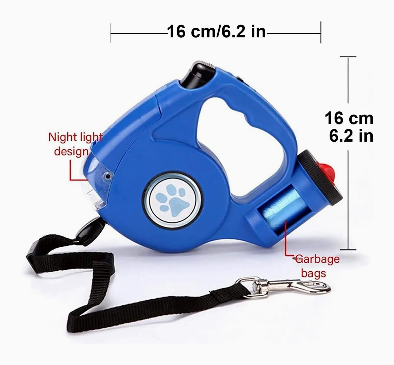GOUJIAN Correa retráctil para perros con linterna LED brillante y bolsa de basura, correa de guía para perros sin enredos, freno con una sola mano, pausa, candado para perros pequeños y grandes | Azul