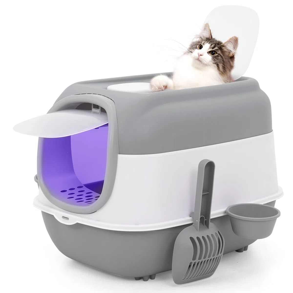 Bandeja de arena para gatos de entrada superior grande con cuchara de arena y cuenco, caja de arena cerrada a prueba de salpicaduras y fugas con función de desodorización de capucha, caja de arena