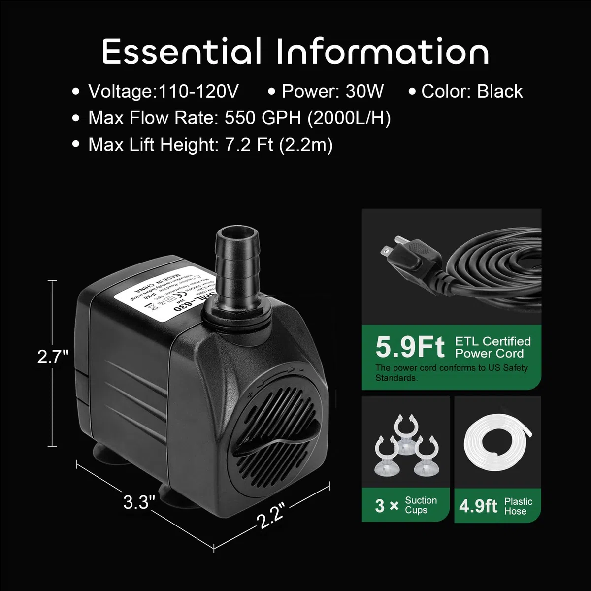 GROWNEER Bomba sumergible de 550 GPH de 30 W, bomba de agua ultra silenciosa, 2000 l/h, con elevación de 7 pies de altura, 3 boquillas, tubo de 4.9 pies para acuario, pecera, estanque, hidroponía,