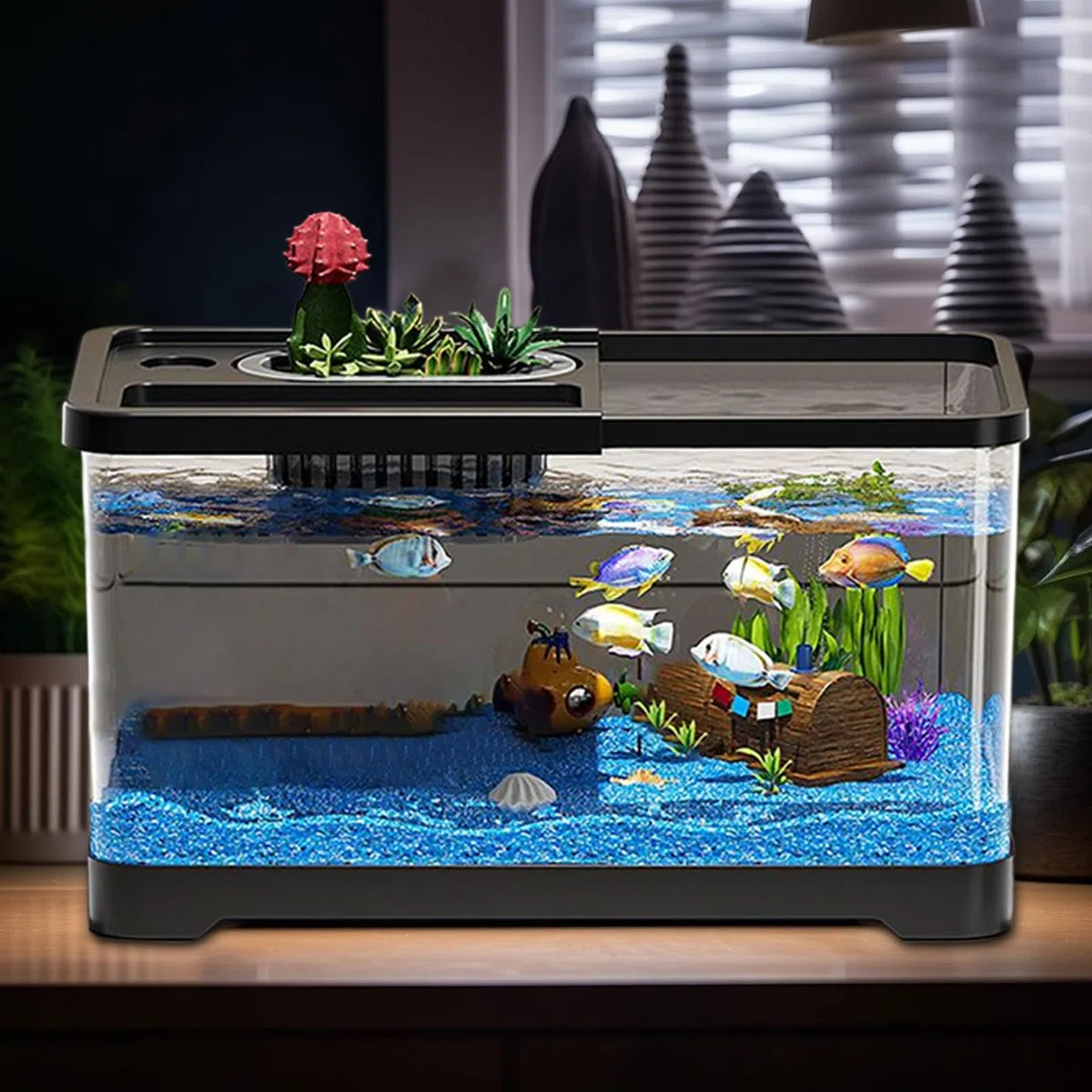 Acuario completo, mesa de 38 cm, acuario – Piscina de peces para principiantes – Juego de iniciación con tapa, plantas, guijarros, comida y accesorios, acuario decorativo para el hogar, oficina