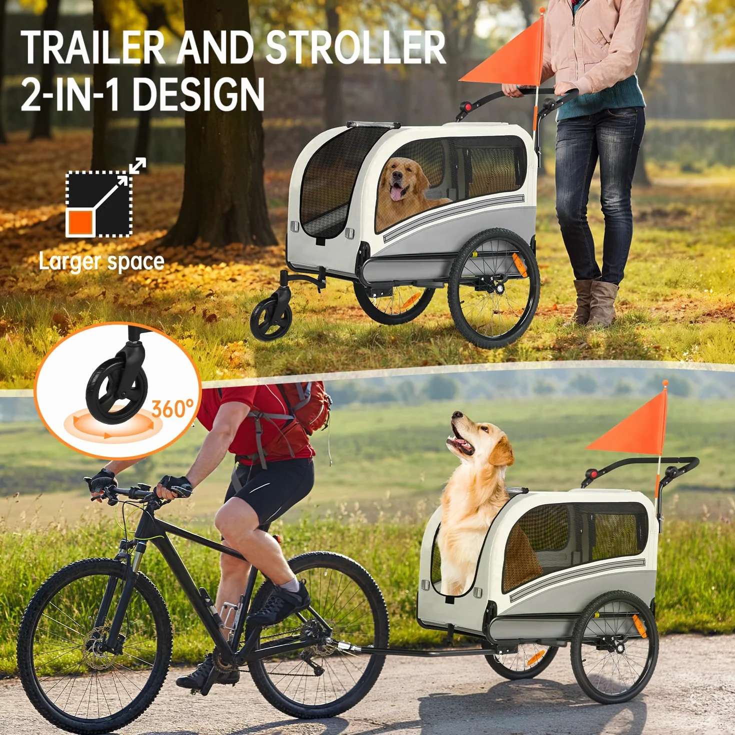 Remolque de bicicleta 2 en 1 XXL para perros, remolque plegable para perros con apertura de techo, reflectores y tiras reflectantes, acoplamiento universal para bicicleta, manillar de