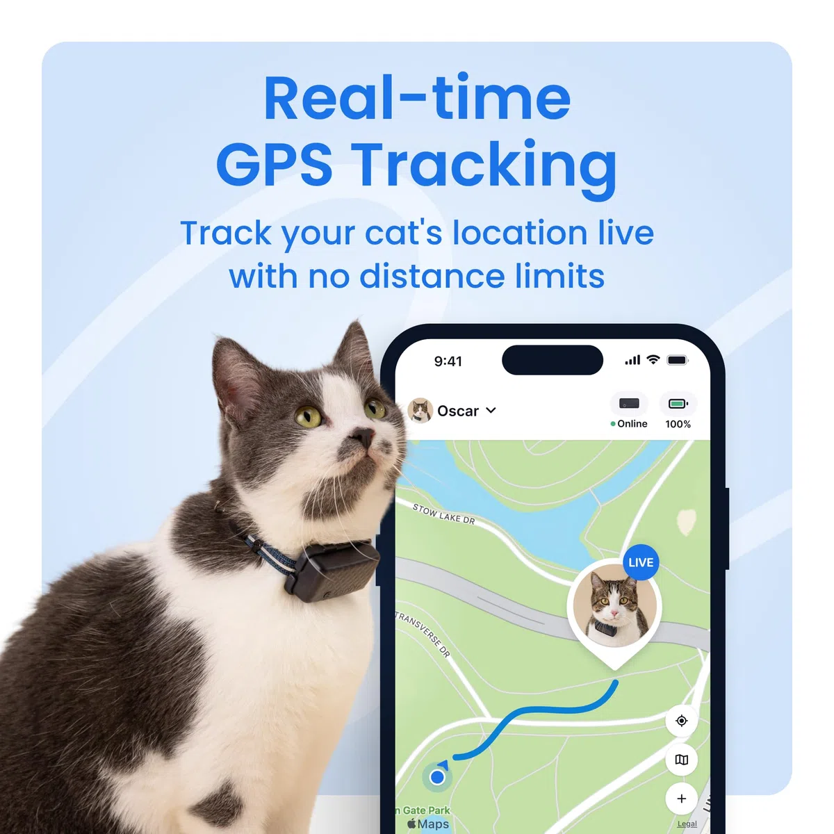 Tractive Rastreador GPS y monitoreo de salud para gatos (6.5 libras +) – Rastreador de ubicación GPS para mascotas líder en el mercado | Alertas de bienestar y escape | Impermeable | Funciona con