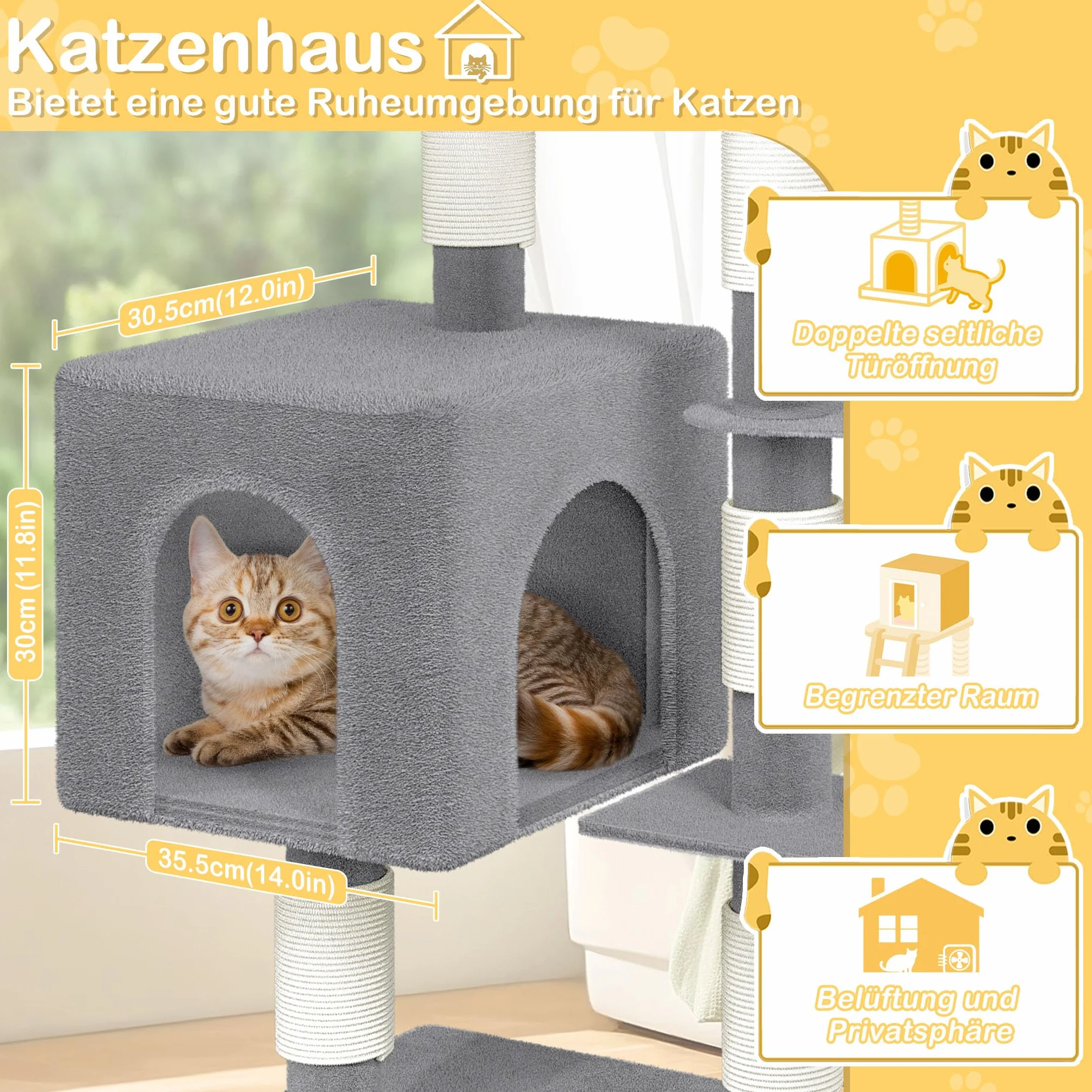 NAIZY Rascador grande para gatos, 49 x 49 x 130 cm, XXL, con columnas de sisal y cueva para gatos, antideslizante, gris K1254