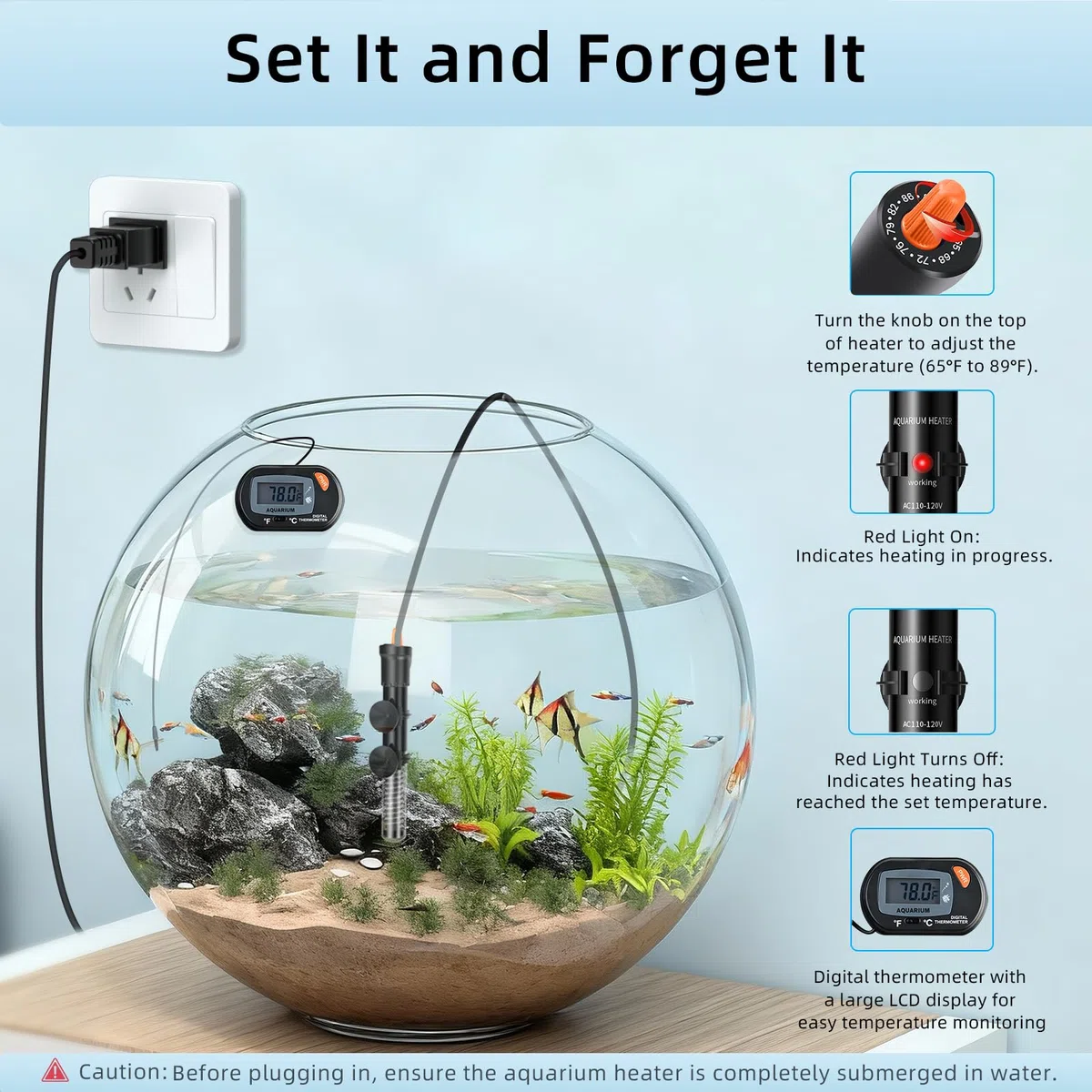 HiTauing Calentador de Acuario de 25 W/50 W/100 W/200 W/300 W, Calentador de pecera Ajustable con termómetro Digital, Calentador Sumergible de Tanque de Betta/Tortuga para Tanques de Agua Dulce y