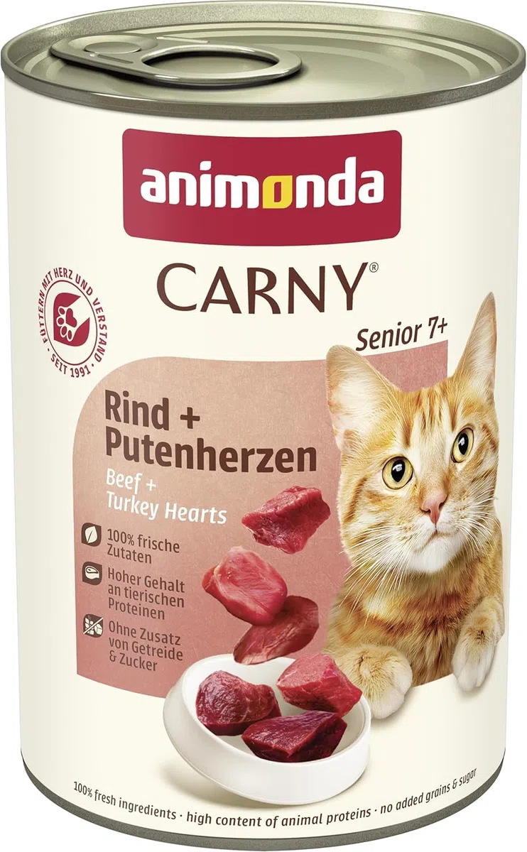 Comida para gatos animonda Carny Senior, comida húmeda para gatos a partir de 7 años, vacuno + corazón de pavo, 6 x 400 g