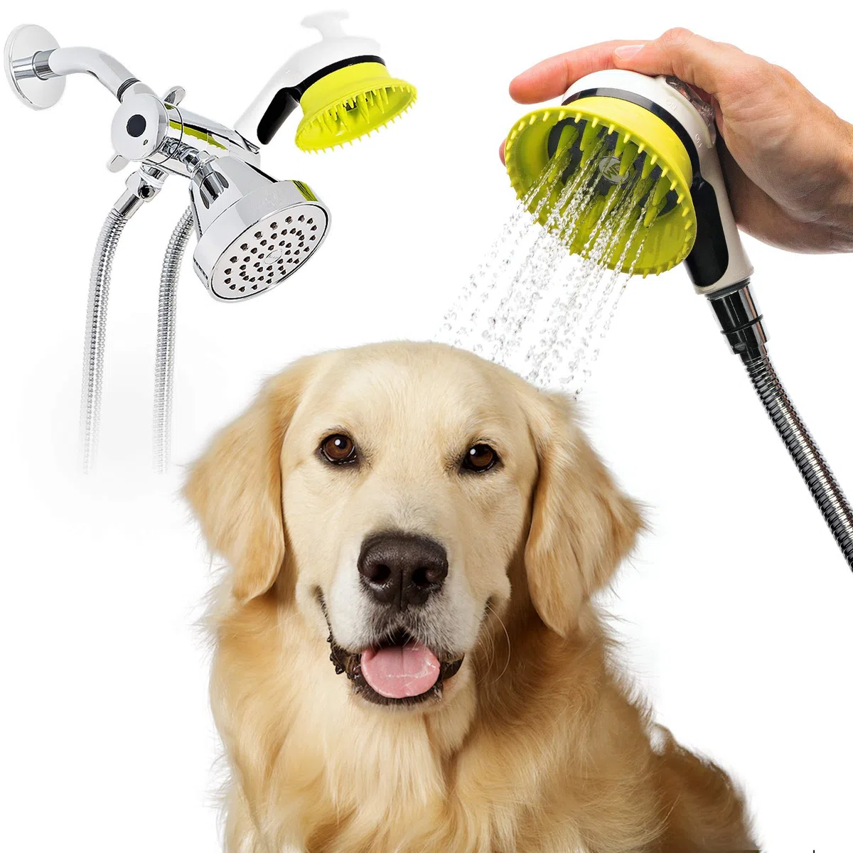 Wondurdog Kit de Aseo para Perros de Calidad para Ducha con Mango Protector contra Salpicaduras y Dientes de Aseo de Goma. Versiones Disponibles para Interiores y Exteriores/Interiores