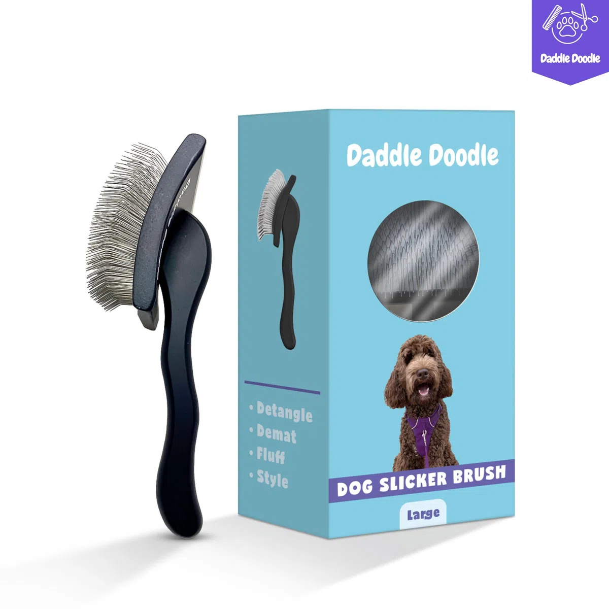 Dog Slicker Brush - Cepillo de aseo para perros especialmente diseñado para todas las mezclas de caniches y garabatos, pelusa, estilo, desenredar y demat, diseño de mango ergonómico,