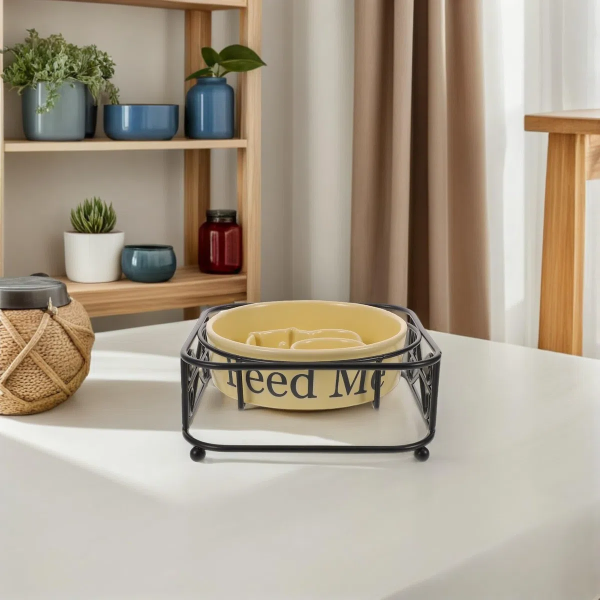 SHOWERORO Comedero Lento para Perros y Gatos Pequeño de Cerámica con Soporte Metálico Plato Elevado Antihundimiento para Alimentación Saludable y Control de Porciones en Mascotas Pequeñas