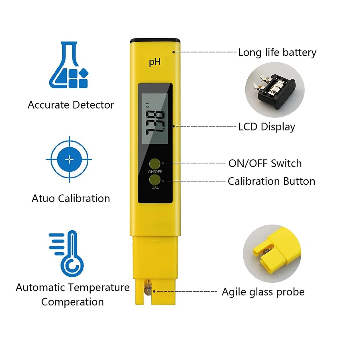 Medidor Agua Medidor TDS Digital Water Tester 0-14 PH Meter 0-9990ppm & EC LCD Pureza del Agua PPM Filtro De Acuario con Baterías Multiusos Preciso Fácil(PH TDS Blue Battery)