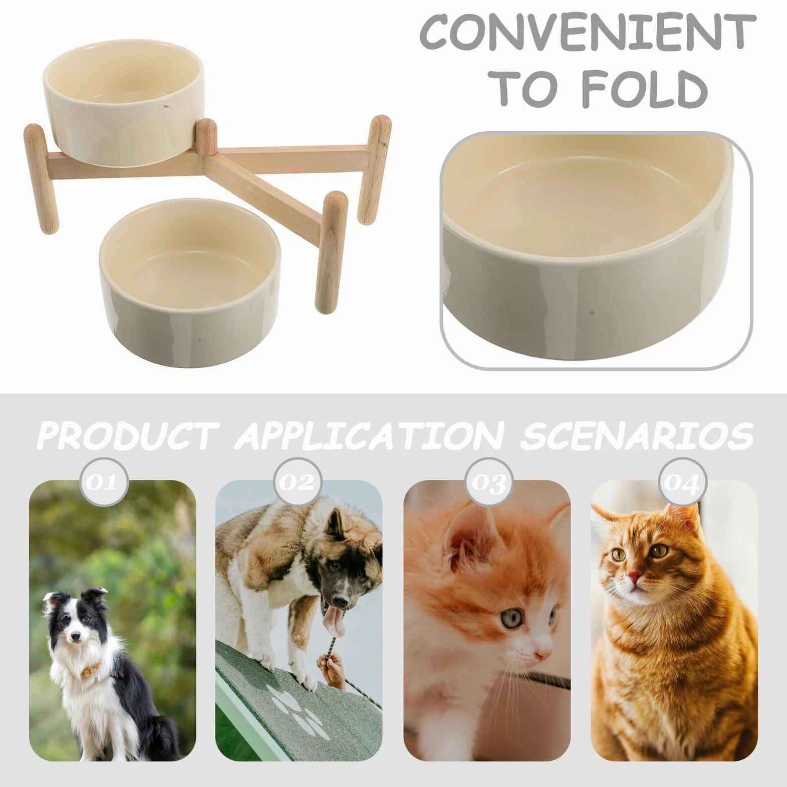 Comedero Doble Elevado para Perros y Gatos con Soporte de Madera Antideslizante, Cuencos de Cerámica Beige de 15,5 CM y 850 Ml, Adecuado para Mascotas Pequeñas y Alimentación