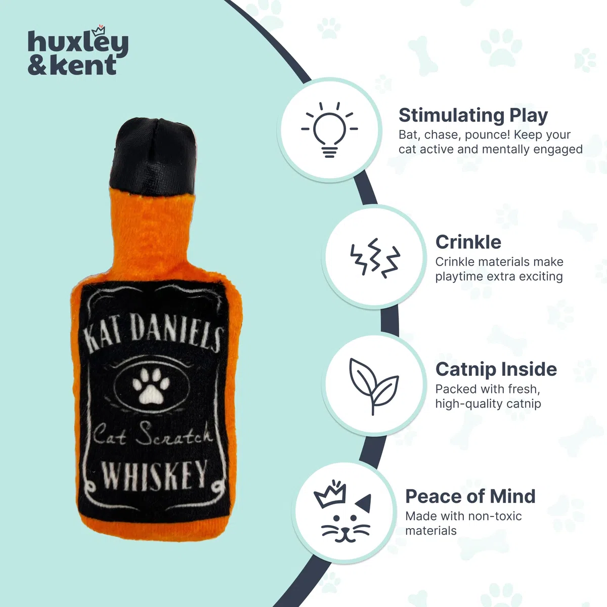 Huxley & Kent Juguete para gatos | Whisky Kat Daniels | Juguete fuerte para gatos relleno de hierba gatera | Juguete de peluche suave con hierba gatera y arrugas | Kittybelles