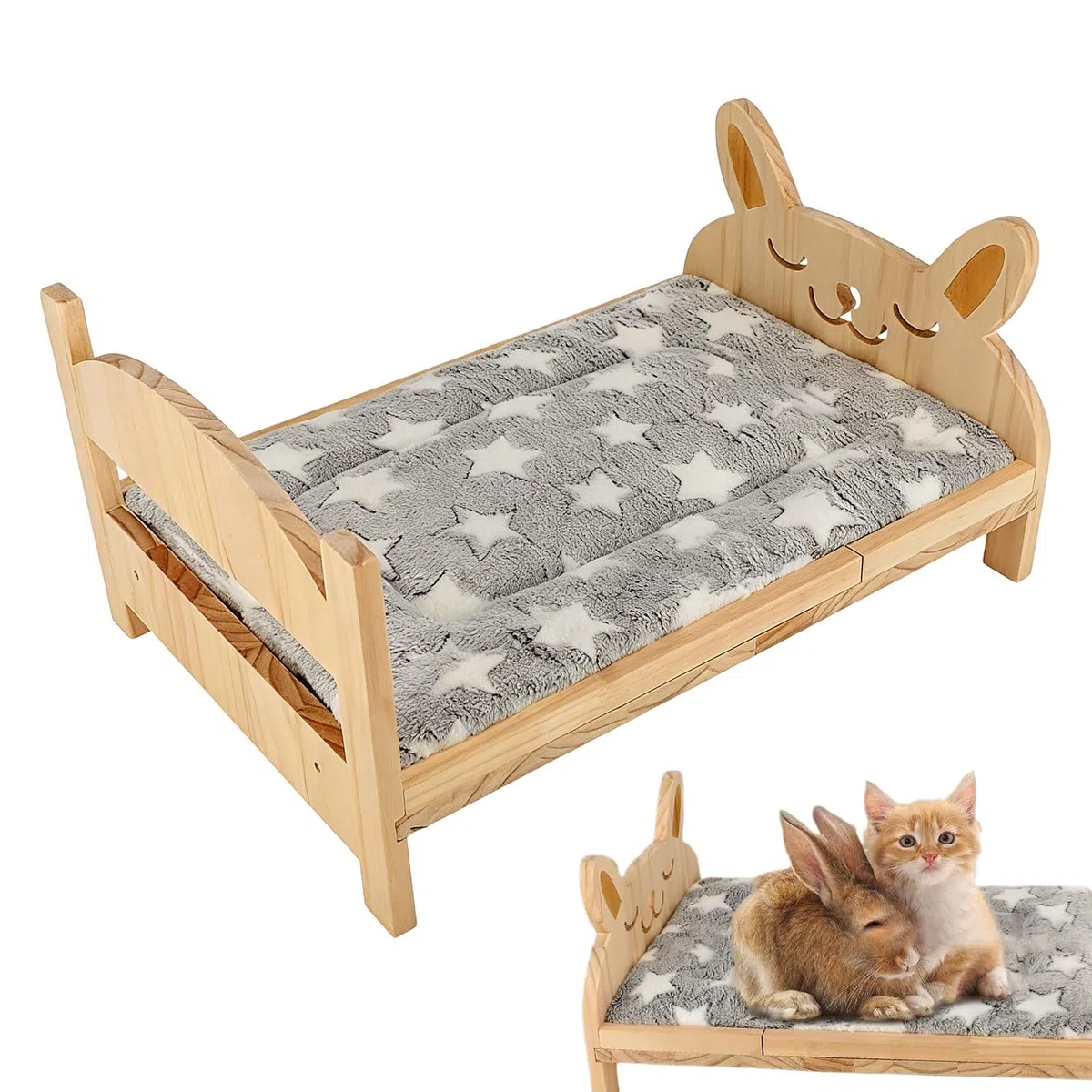 Cama de hurón pequeño de animales con alfombrilla | Jaula de madera desmontable para conejo, gatito, hámster, planeador, ardilla, interior, apartamento