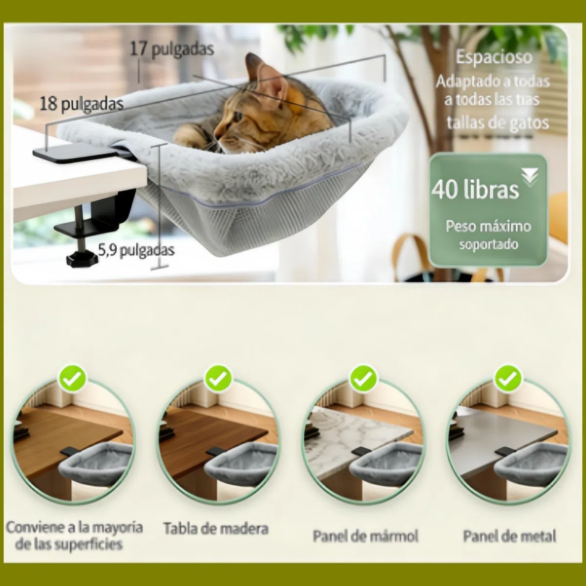 Hamaca para Gatos de Escritorio Plegable, Cama de Escritorio para Gatos con Abrazadera Estable, Fácil de Limpiar, Capacidad de Carga hasta 18 kg
