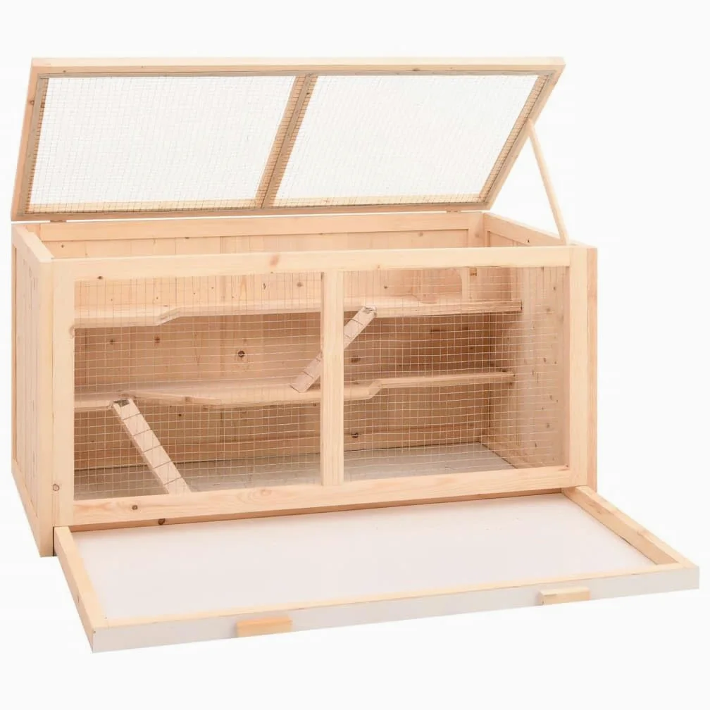 Jaula para hámster de madera de abeto, 89,5 x 45 x 45 cm | Gran casa para roedores con techo de rejilla abatible y bañera extraíble para el salón.