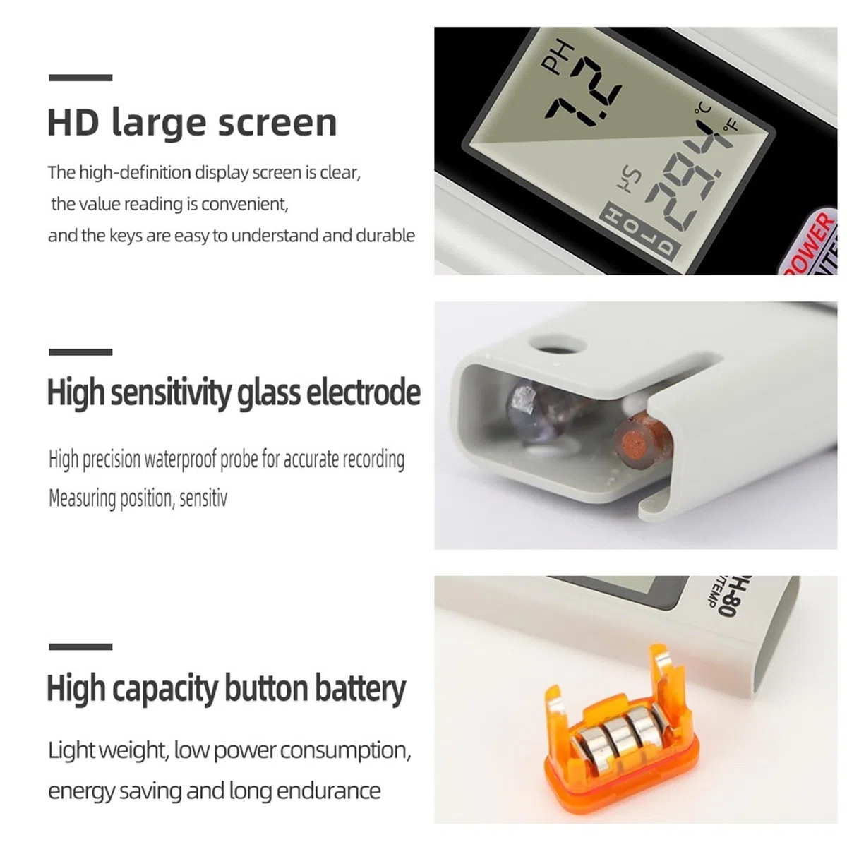 BASSFLY Probador de Agua, Medidor Digital de Temperatura y pH PH-80 con función calibración automática, comprobador Calidad del Agua, Resistente al Acuario, Piscina