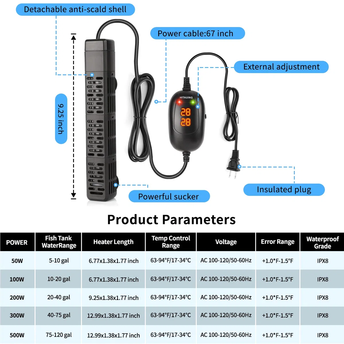 HiTauing Calentador de acuario, 50 W/100 W/200 W/300 W/500 W calentador sumergible para pecera con protección contra sobretemperatura y apagado automático al dejar agua, apto para agua salada y agua