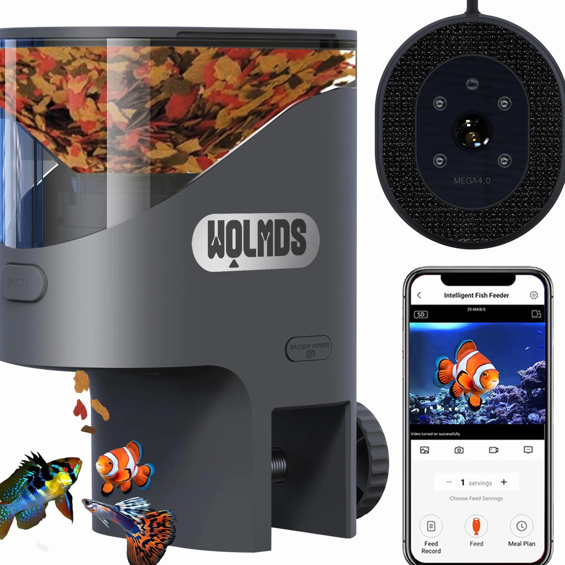 Alimentador Automático Peces WiFi con Cámara 2.5K HD Visión Nocturna, Dispensador Inteligente App, 0.2g/0.6g para Acuario, Anti-Humedad, Plan de Alimentación Personalizable (Gris Oscuro)