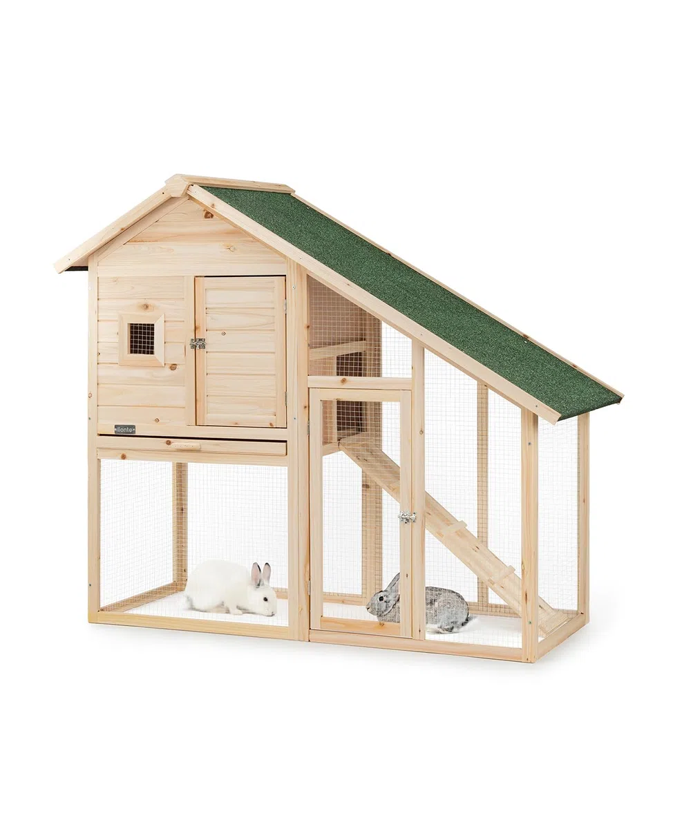 lionto Conejera de Madera caseta Exterior para Mascotas pequeñas cobertizo 140x65x119 cm | Conejera con rampa, 2 entradas, rejillas metálicas, techo de betún protegido contra la intemperie y cajón extraíble