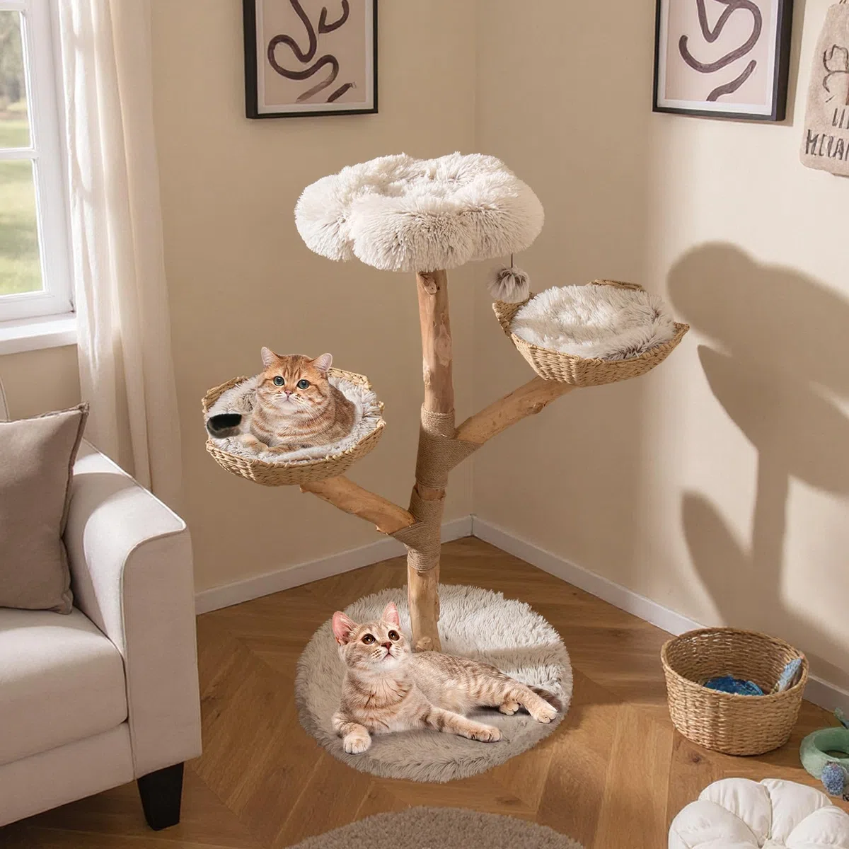 COSTWAY Rascador para Gatos, Árbol para Gatito Moderno de Madera Maciza, 122 cm Torre Gatos Rascador con Plataforma Forma de Flores, 2 Nidos con Cojines, Poste de Yute, Bola Colgante, Blanco y Natural