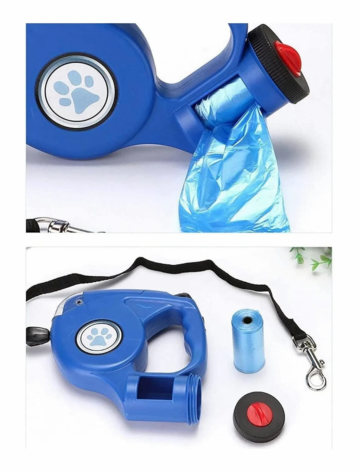 GOUJIAN Correa retráctil para perros con linterna LED brillante y bolsa de basura, correa de guía para perros sin enredos, freno con una sola mano, pausa, candado para perros pequeños y grandes | Azul