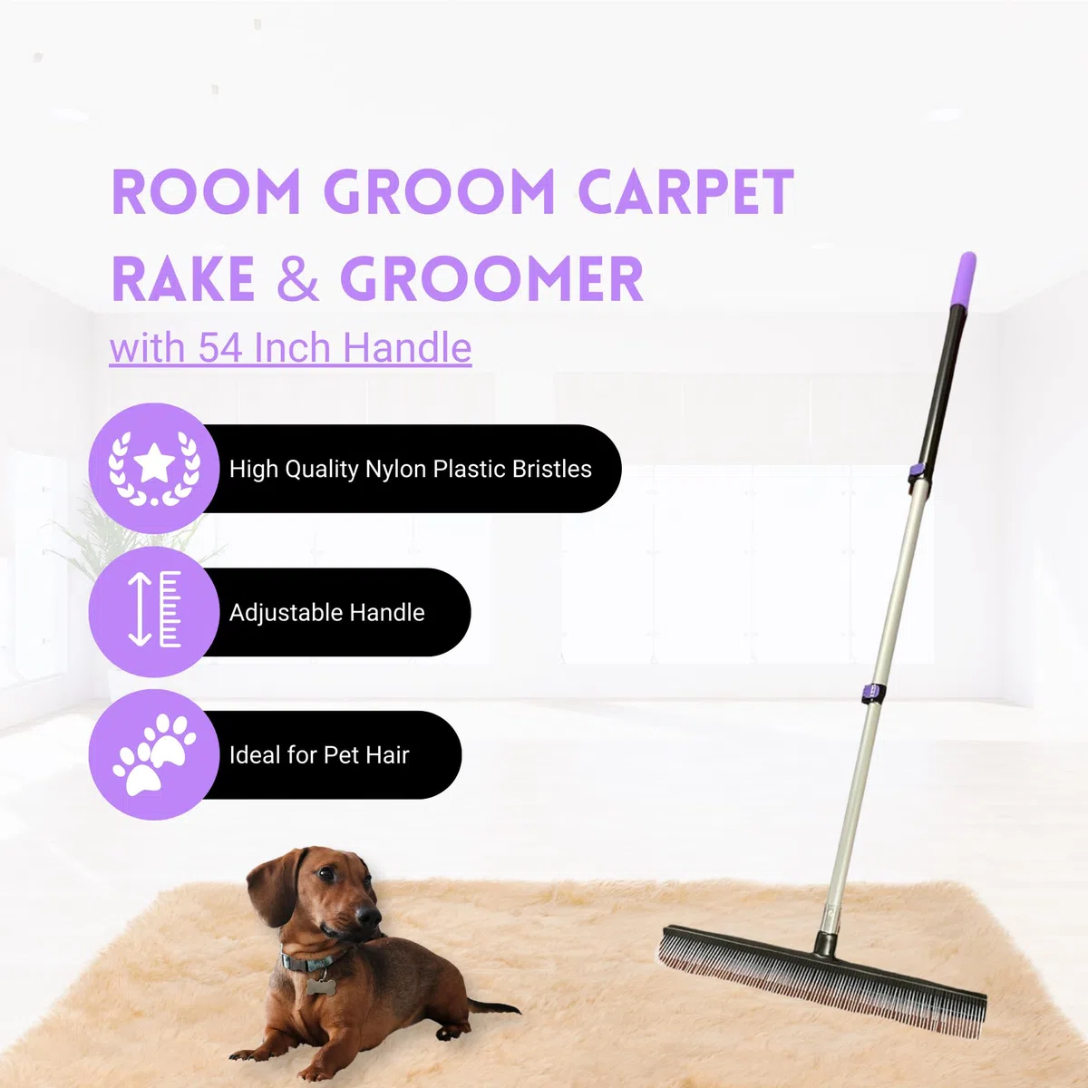 Room Groom - Rastrillo y Peluquero de Pet con Mango telescópico Ajustable de 54 Pulgadas, diseño portátil, Cepillo de Alfombra Ideal para Pelo de Animales, alfombras refrescantes, alfombras y césped