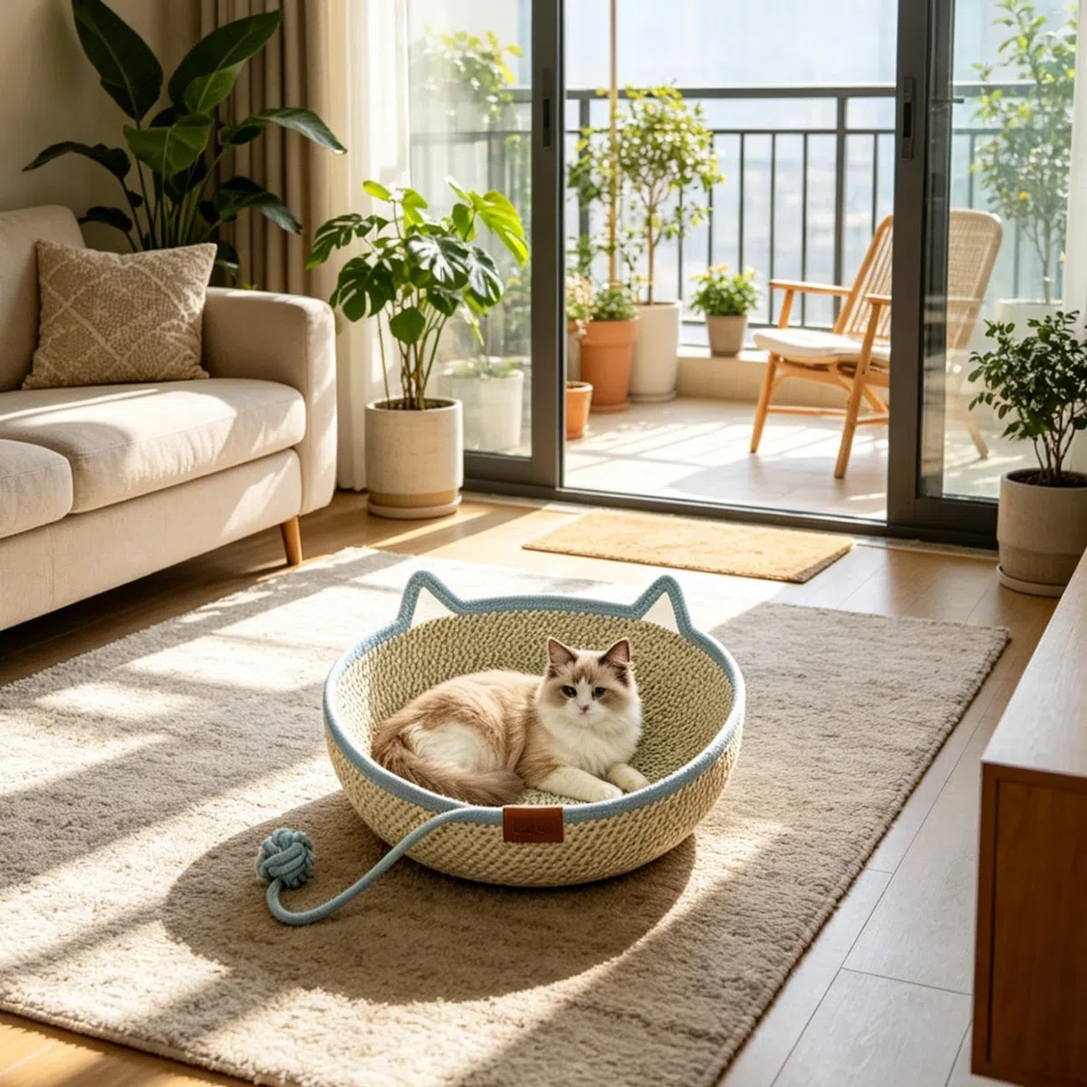 Camas para Gatos Cesta de Cuerda de Algodón Tejida a Mano con Cola de | Cama para gato pequeño para Todas las Estaciones Gatito Animal Viaje y Enriquecimiento para Mascotas