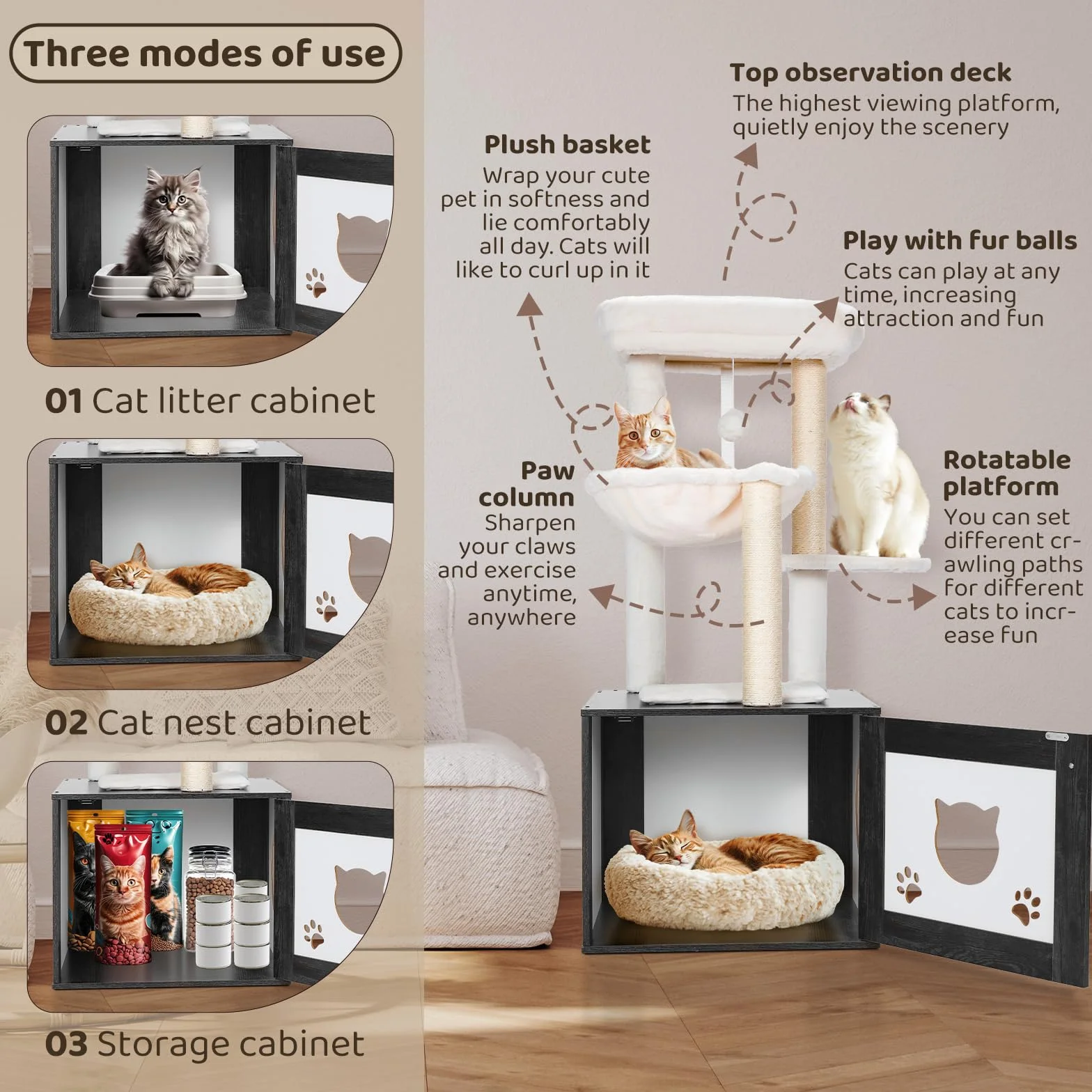 MAMIZO Árbol rascador con inodoro para gatos, árbol para gatos 2-en-1, nido de felpa desmontable, 119 cm de alto, cojines de felpa lavables, mueble para gatos, árbol rascador de madera, troncos de