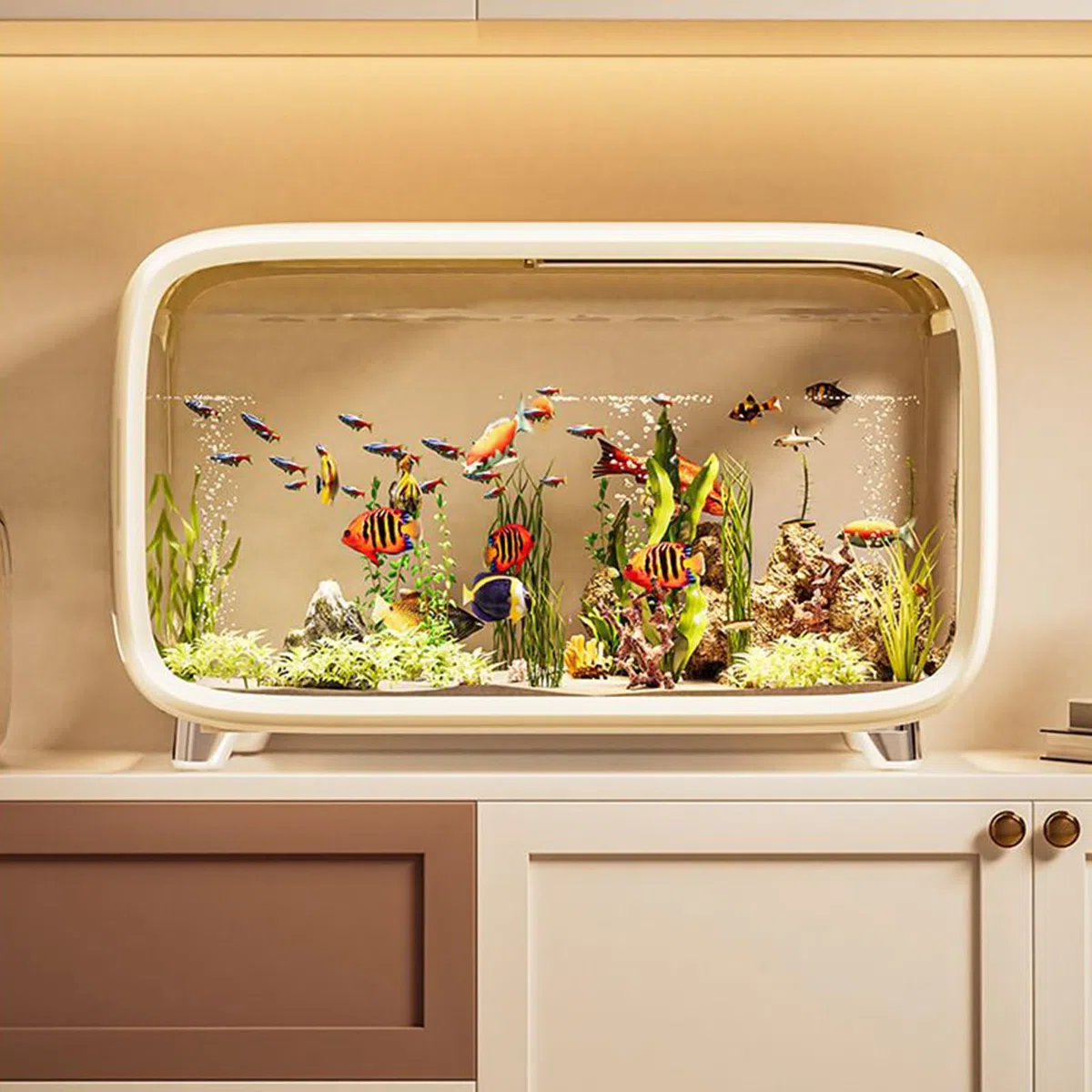 Acuario de mesa – Mini acuario con decoración de escalada para pequeñas mascotas acuáticas, tortuga de camarón Betta, hábitat acrílico transparente, complemento para la plantación de agua