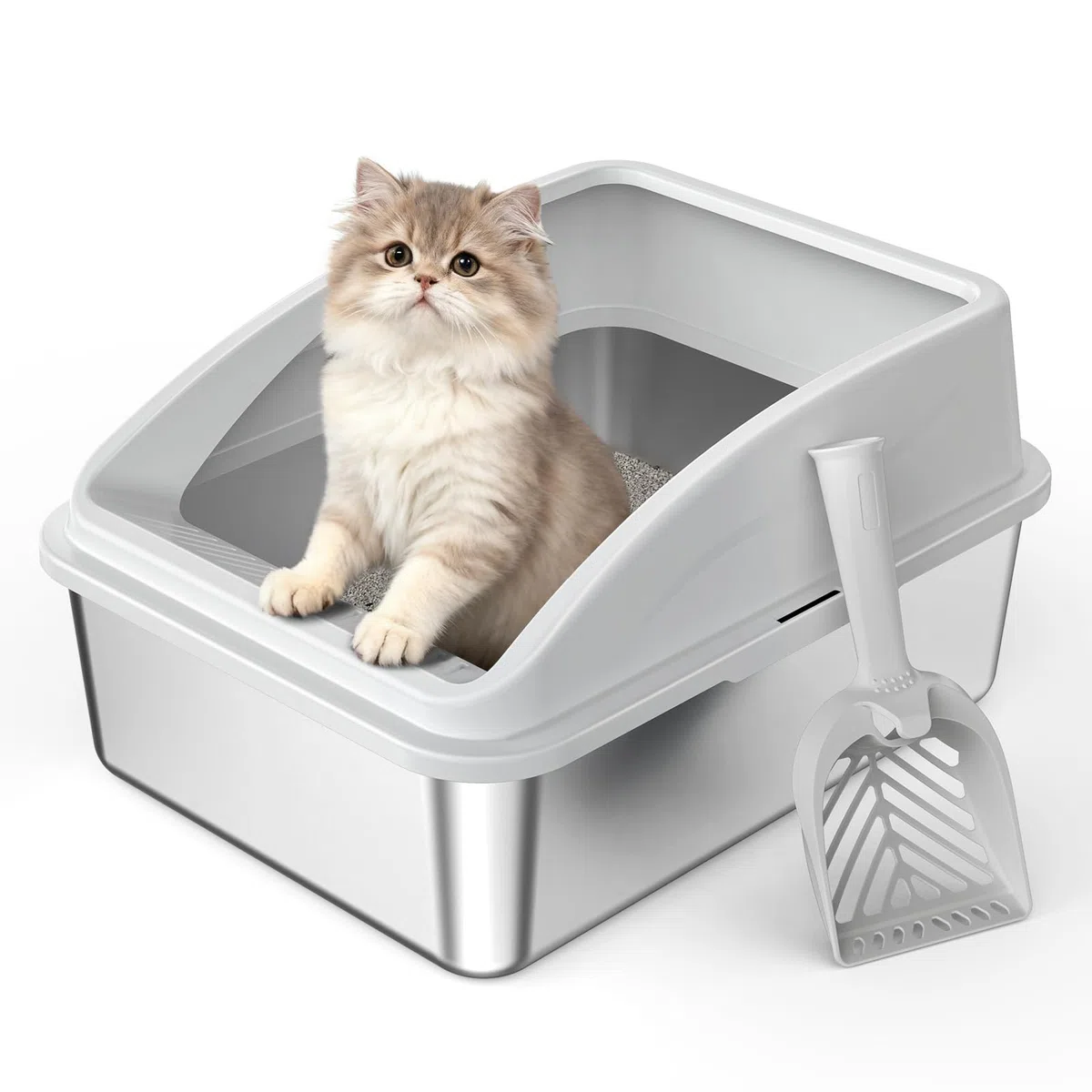 AIPERRO Caja de arena de acero inoxidable | Caja de arena de metal para gatitos con tapa de cara alta para gatos pequeños o gatos heridos, cajas de arena de conejo, entrada baja, sin olor
