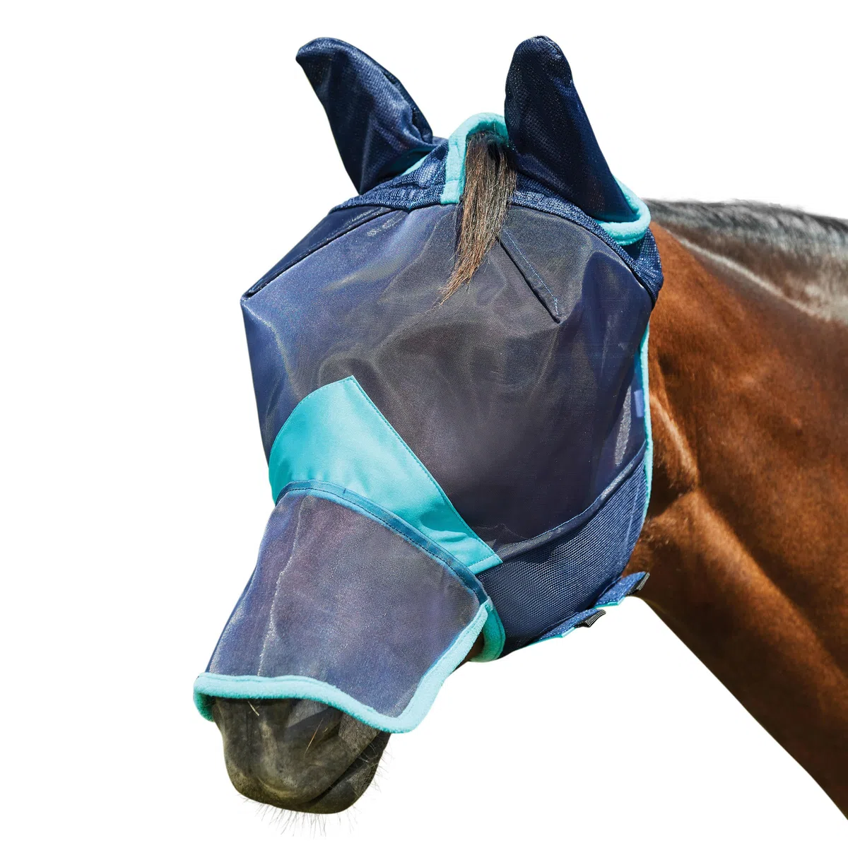 Weatherbeeta - Máscara Antimoscas con Agujeros para Orejas y Nariz de Red Fina Comfitec Deluxe (Pony) (Marino, Turquesa)