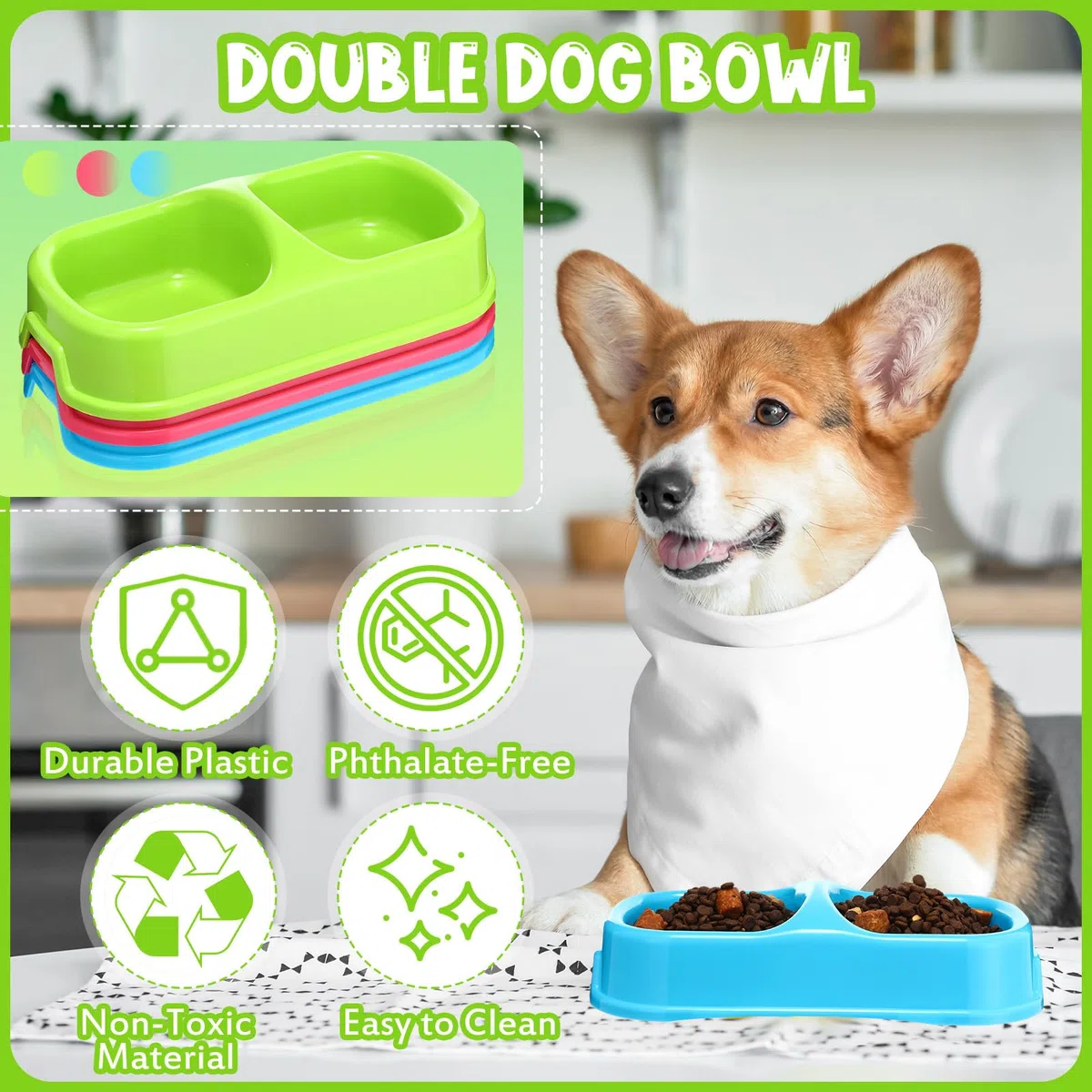 Hsei 12 platos dobles para comida de mascotas, cuenco de plástico para gatos, platos para perros, cuencos dobles para perros pequeños y medianos, gatos y cachorros, 3 colores surtidos