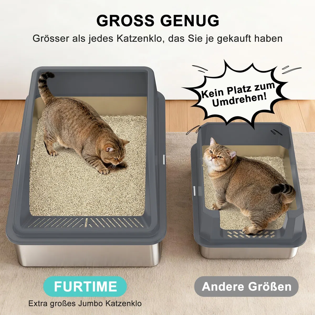 FURTIME Arenero Gato Acero Inoxidable XXXL, Caja Arena para Gatos Muy Grande 71x51x31 cm, WC Gatos con Borde Alto Desmontable, Fácil de Limpiar, Ideal para Hogares con Múltiples Gatos y Razas Grandes