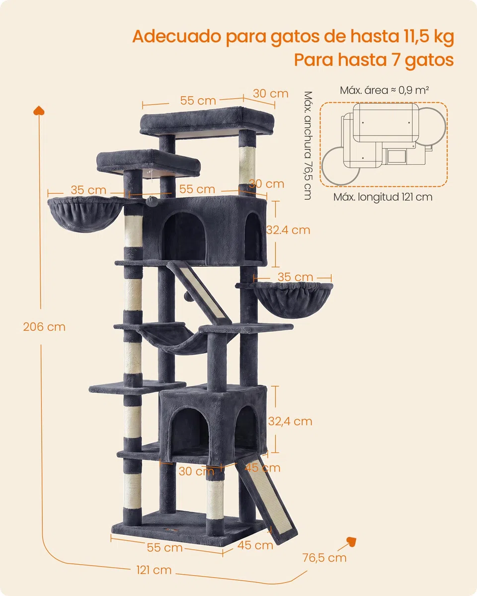 Feandrea Árbol para Gatos XXL, Torre con Postes de Sisal, Rascador para Varios Gatos Grandes, 7 Áreas de Descanso, 55 x 45 x 205 cm, Gris Oscuro, Colección Clawfy PCT021G201