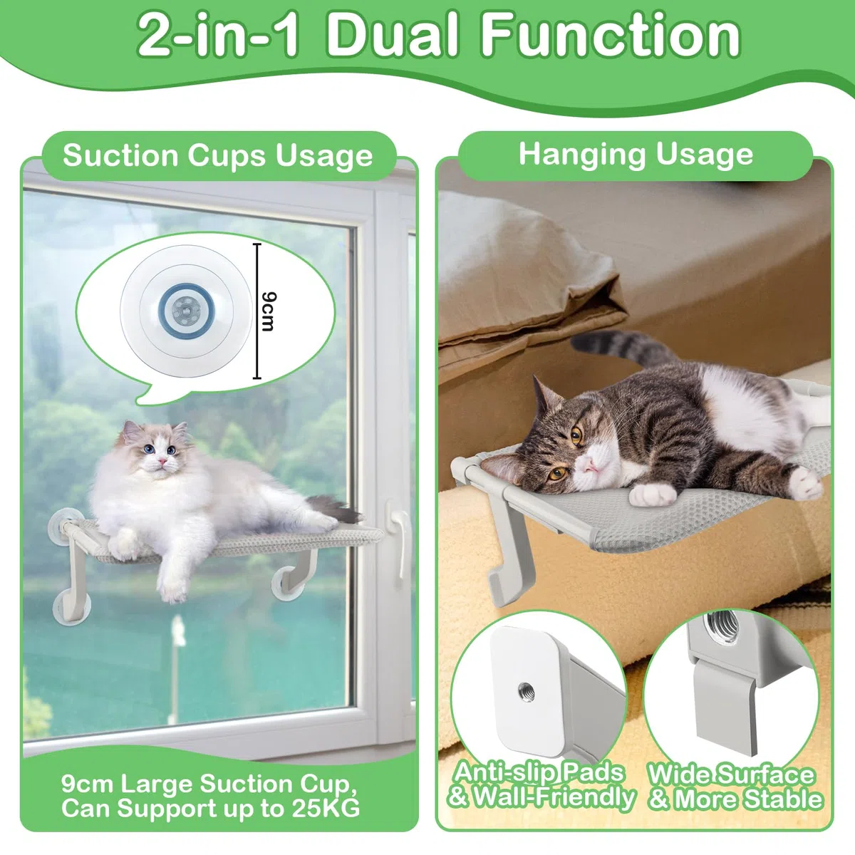 2 en 1 Hamaca Gatos Ventana Plegable Soporta hasta 25 kg Cama Gatos Ventana con Ventosas y Ganchos 53.5x39.5 cm Hamaca Ventana Gato para Interior Exterior, Fácil Instalación - Gris