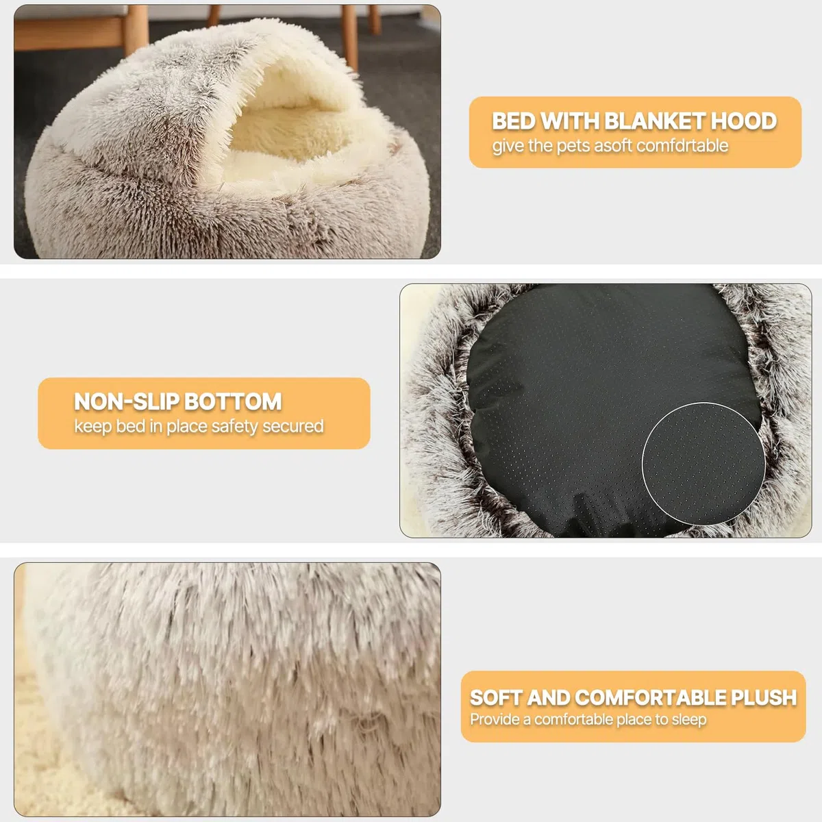 Cama calmante para perros, cama de felpa esponjosa para mascotas de menos de 10 kg, cama grande para perro, lavable, antideslizante, nido de gato, resistente al viento, acogedora cama para interiores
