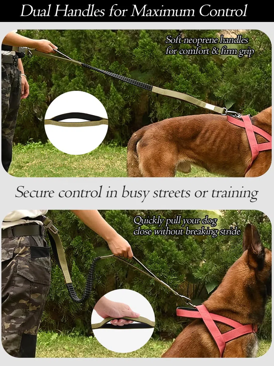 Correa para perro manos libres con bolsa con cremallera y cinturón de cintura, correa elástica reflectante duradera con asas acolchadas dobles para caminar, trotar y correr, se adapta a perros