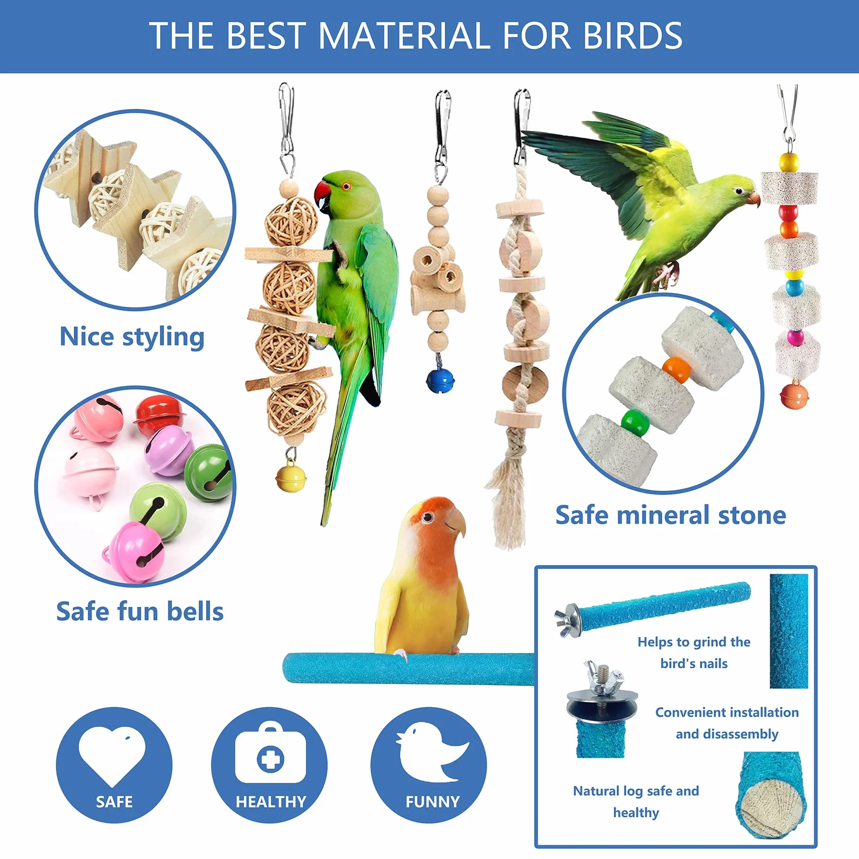 22 paquetes de juguetes para pájaros, periquitos, cacatúas, juguete colgante para masticar con campanas seguras, jaula de pájaros colorida cuerda de pie de madera natural, escalera de