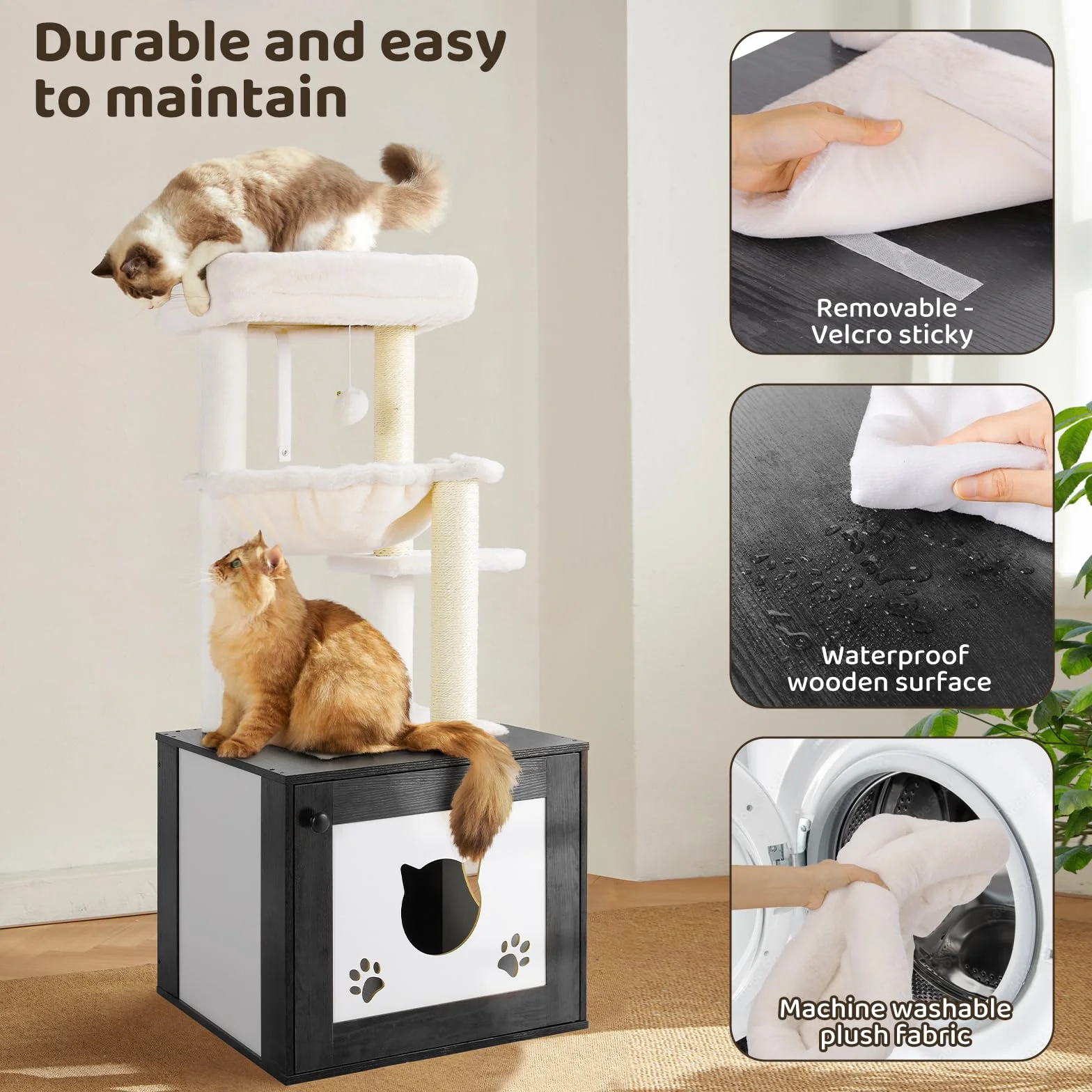 MAMIZO Árbol rascador con inodoro para gatos, árbol para gatos 2-en-1, nido de felpa desmontable, 119 cm de alto, cojines de felpa lavables, mueble para gatos, árbol rascador de madera, troncos de