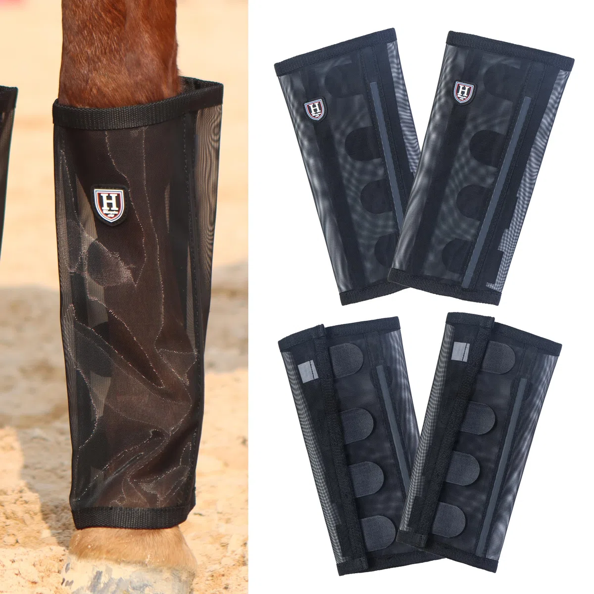 Harrison Howard Leggings Holgados con Mosca de Caballo, Transpirables, Resistentes al desgarro, Protectores de Pierna de Malla Fina, Botas cómodas (Juego de 4), Color Negro, Talla L