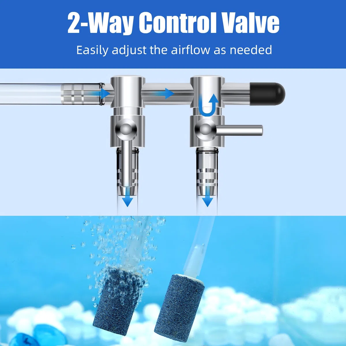 AQUANEAT Válvula de control de acuario de 2 vías, válvula de aire para pecera, válvula de banda de acero inoxidable de metal, divisor distribuidor de flujo de aire para bomba de aire