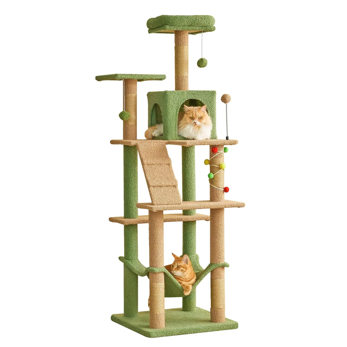 Árbol para Gatos Green, Torre de Varios Niveles de 163 cm para Gatos de Interior con Postes rascadores Recubiertos de sisal, Plataforma Acolchada, Hamaca acogedora y Juguetes Colgantes.