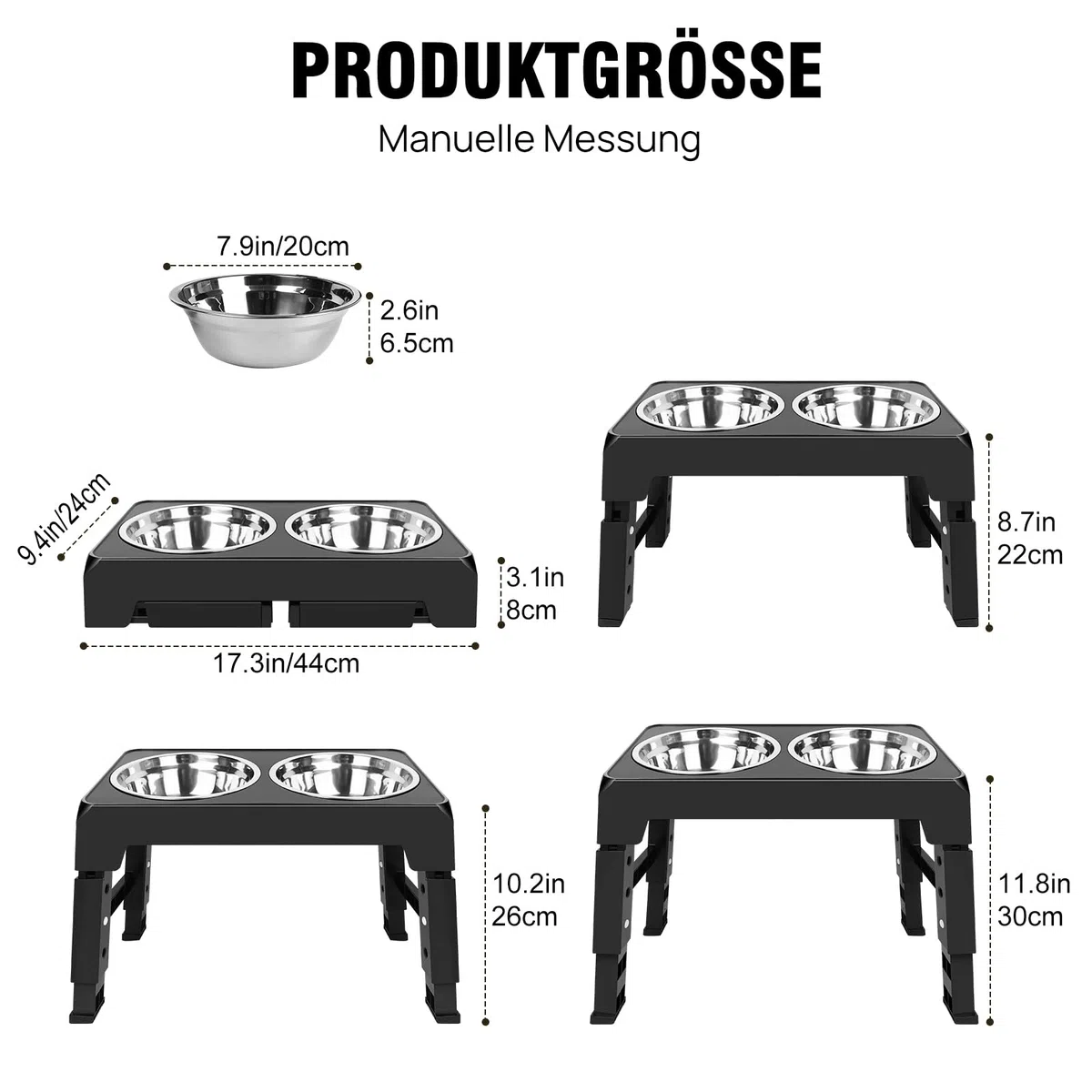 Cuencos elevados para perros medianos y grandes, soporte ajustable en altura de 8/22/26/30 cm, con 2 cuencos de acero inoxidable de 1200 ml, comederos elevados, comedero