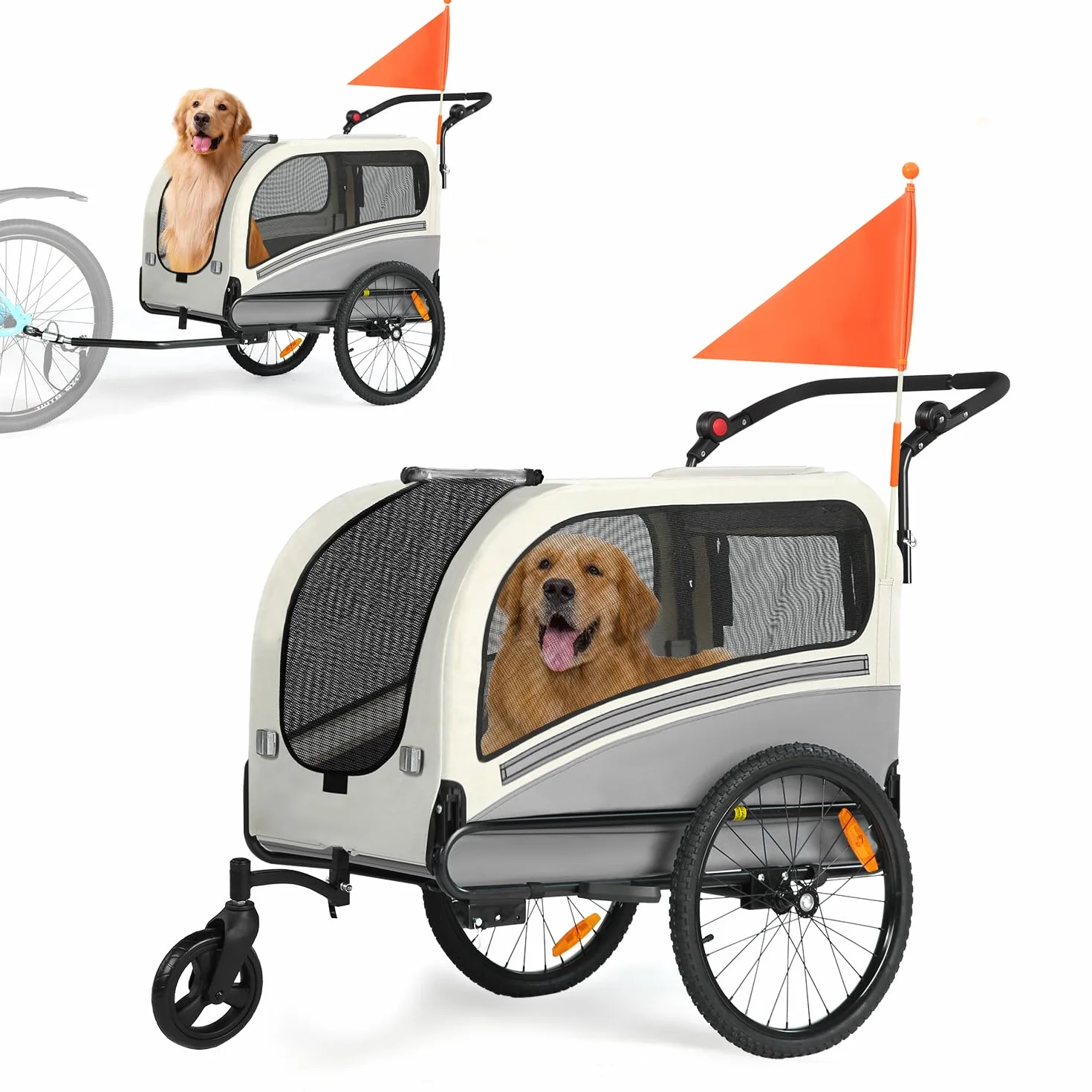 Remolque de bicicleta 2 en 1 XXL para perros, remolque plegable para perros con apertura de techo, reflectores y tiras reflectantes, acoplamiento universal para bicicleta, manillar de