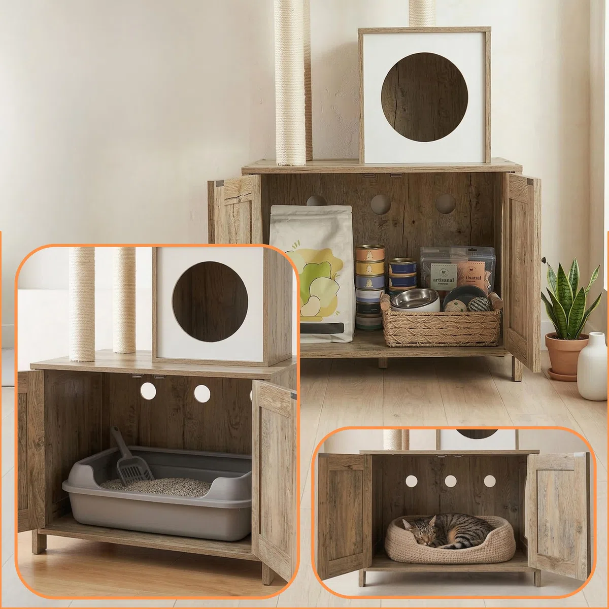 Relaxdays rascador con Armario para Bandeja, 150x60x49 cm, Postes sisal y cubículo, Aspecto Madera, marrón Claro/Blanco