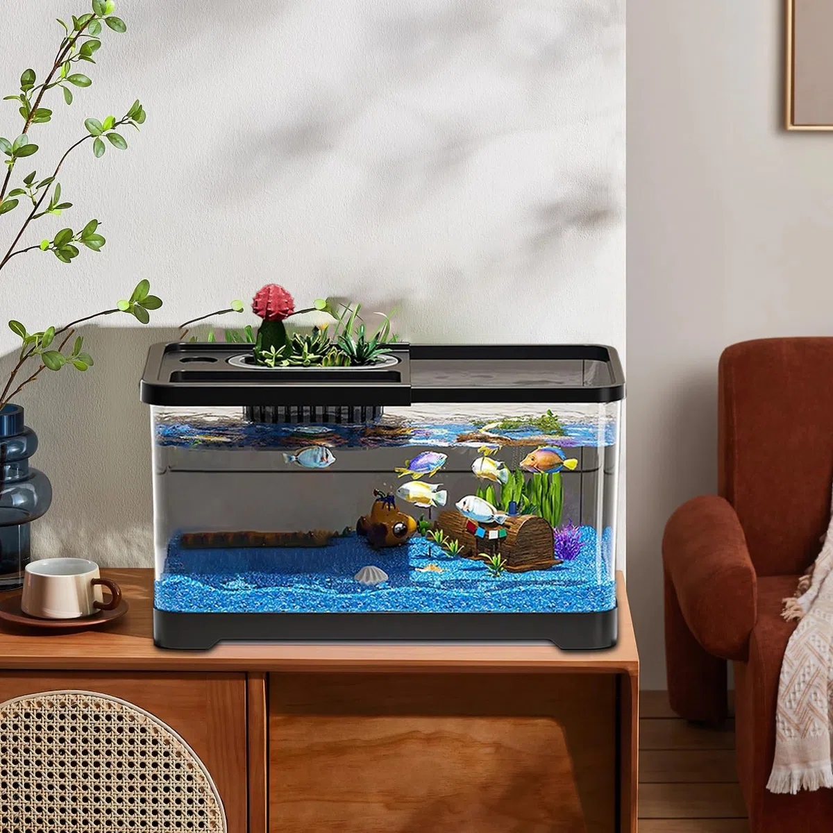 Acuario completo, mesa de 38 cm, acuario – Piscina de peces para principiantes – Juego de iniciación con tapa, plantas, guijarros, comida y accesorios, acuario decorativo para el hogar, oficina