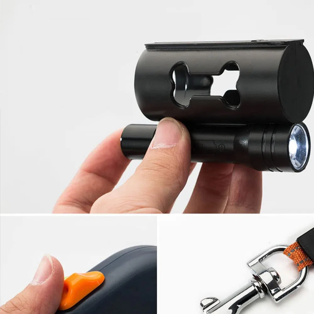 Correa retráctil doble para perro - Correa extensible para mascotas de 10 pies, resistente, de doble cabeza, con cerradura, con linterna LED, bolsas para caca, cuerda elástica reflectante - 360 grados